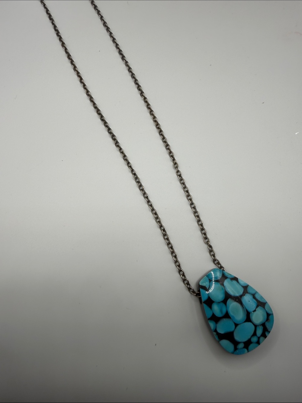 Turquoise Blue Black Teardrop Pendant Long Silver Tone Necklace
